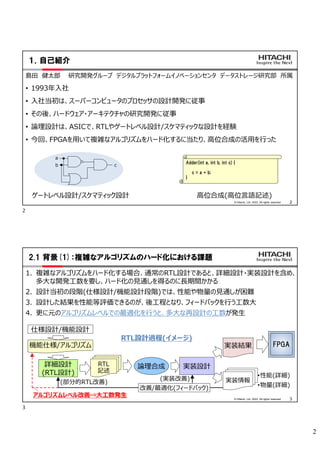 2
2
© Hitachi, Ltd. 2022. All rights reserved.
１．自己紹介
島田 健太郎 研究開発グループ デジタルプラットフォームイノベーションセンタ データストレージ研究部 所属
• 1993年入社
• 入社当初は、スーパーコンピュータのプロセッサの設計開発に従事
• その後、ハードウェア・アーキテクチャの研究開発に従事
• 論理設計は、ASICで、RTLやゲートレベル設計/スケマティックな設計を経験
• 今回、FPGAを用いて複雑なアルゴリズムをハード化するに当たり、高位合成の活用を行った
ゲートレベル設計/スケマティック設計
Adder(int a, int b, int c) {
c = a + b;
}
高位合成(高位言語記述)
a
b c
3
© Hitachi, Ltd. 2022. All rights reserved.
2.1 背景(1)：複雑なアルゴリズムのハード化における課題
1. 複雑なアルゴリズムをハード化する場合、通常のRTL設計であると、詳細設計・実装設計を含め、
多大な開発工数を要し、ハード化の見通しを得るのに⾧期間かかる
2. 設計当初の段階(仕様設計/機能設計段階)では、性能や物量の見通しが困難
3. 設計した結果を性能等評価できるのが、後工程となり、フィードバックを行う工数大
4. 更に元のアルゴリズムレベルでの最適化を行うと、多大な再設計の工数が発生
詳細設計
(RTL設計)
実装設計
FPGA
論理合成
仕様設計/機能設計
RTL
記述
実装結果
•性能(詳細)
•物量(詳細)
機能仕様/アルゴリズム
改善/最適化(フィードバック)
(実装改善) 実装情報
(部分的RTL改善)
アルゴリズムレベル改善⇒大工数発生
RTL設計過程(イメージ)
2
3
 