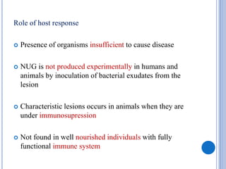Role of host response
 Presence of organisms insufficient to cause disease
 NUG is not produced experimentally in humans and
animals by inoculation of bacterial exudates from the
lesion
 Characteristic lesions occurs in animals when they are
under immunosupression
 Not found in well nourished individuals with fully
functional immune system
 