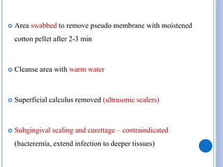  Area swabbed to remove pseudo membrane with moistened
cotton pellet after 2-3 min
 Cleanse area with warm water
 Superficial calculus removed (ultrasonic scalers)
 Subgingival scaling and curettage – contraindicated
(bacteremia, extend infection to deeper tissues)
 