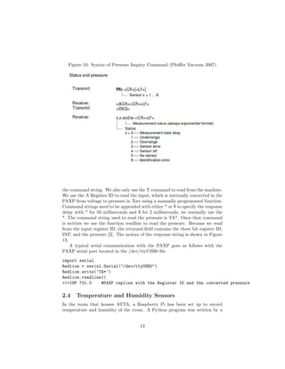 Figure 10: Syntax of Pressure Inquiry Command (Pfeiﬀer Vacuum 2007)
the command string. We also only use the T command to read from the machine.
We use the A Register ID to read the input, which is internally converted in the
PAXP from voltage to pressure in Torr using a manually programmed function.
Command strings need to be appended with either * or $ to specify the response
delay with * for 50 milliseconds and $ for 2 milliseconds, we normally use the
*. The command string used to read the pressure is TA*. Once that command
is written we use the function readline to read the pressure. Because we read
from the input register ID, the returned ﬁeld contains the three bit register ID,
INP, and the pressure [2]. The syntax of the response string is shown in Figure
13.
A typical serial communication with the PAXP goes as follows with the
PAXP serial port located in the /dev/ttyUSB0 ﬁle.
import serial
Redlion = serial.Serial("/dev/ttyUSB0")
Redlion.write(’TA*’)
Redlion.readline()
>>>INP 731.0 #PAXP replies with the Register ID and the converted pressure
2.4 Temperature and Humidity Sensors
In the room that houses ATTA, a Raspberry Pi has been set up to record
temperature and humidity of the room. A Python program was written by a
13
 