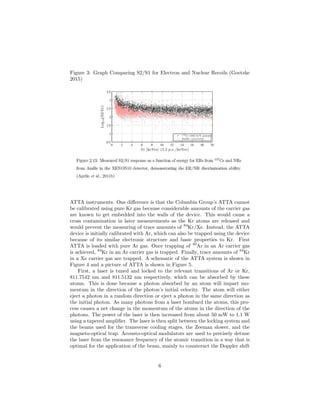 Figure 3: Graph Comparing S2/S1 for Electron and Nuclear Recoils (Goetzke
2015)
ATTA instruments. One diﬀerence is that the Columbia Group’s ATTA cannot
be calibrated using pure Kr gas because considerable amounts of the carrier gas
are known to get embedded into the walls of the device. This would cause a
cross contamination in later measurements as the Kr atoms are released and
would prevent the measuring of trace amounts of 84
Kr/Xe. Instead, the ATTA
device is initially calibrated with Ar, which can also be trapped using the device
because of its similar electronic structure and basic properties to Kr. First
ATTA is loaded with pure Ar gas. Once trapping of 40
Ar in an Ar carrier gas
is achieved, 84
Kr in an Ar carrier gas is trapped. Finally, trace amounts of 84
Kr
in a Xe carrier gas are trapped. A schematic of the ATTA system is shown in
Figure 4 and a picture of ATTA is shown in Figure 5.
First, a laser is tuned and locked to the relevant transitions of Ar or Kr,
811.7542 nm and 811.5132 nm respectively, which can be absorbed by these
atoms. This is done because a photon absorbed by an atom will impart mo-
mentum in the direction of the photon’s initial velocity. The atom will either
eject a photon in a random direction or eject a photon in the same direction as
the initial photon. As many photons from a laser bombard the atoms, this pro-
cess causes a net change in the momentum of the atoms in the direction of the
photons. The power of the laser is then increased from about 50 mW to 1.1 W
using a tapered ampliﬁer. The laser is then split between the locking system and
the beams used for the transverse cooling stages, the Zeeman slower, and the
magneto-optical trap. Acousto-optical modulators are used to precisely detune
the laser from the resonance frequency of the atomic transition in a way that is
optimal for the application of the beam, mainly to counteract the Doppler shift
6
 