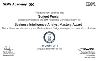 This document certifies that
Successfully passed the IBM Academic Certificate exam for
This achievement also earns you a Mastery Award Badge which you can accept from Acclaim
MASTERY
AWARD
Skills Academy
Norishige Morimoto
Chief Technical Officer
Vice President
IBM Asia Pacific
Randy Walker
General Manager
IBM Asia Pacific
Surjeet Punia
21 October 2016
Business Intelligence Analyst Mastery Award
UNIQUE ID: 0413-1477-0409-6082
Digitally signed by
IBM Middle East
and Africa
University
Date: 2017.01.29
04:02:54 CET
Reason: Passed
test
Location: MEA
Portal Exams
Signat
 