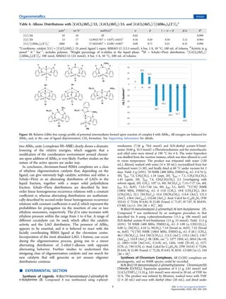 two AlMe3 units (complexes VI−VIII) clearly shows a dramatic
lowering of the relative energies, which suggests that a
modifcation of the coordination environment around chromi-
um upon addition of AlMe3 is very likely. Further studies on the
nature of the active species are under way.
In conclusion, chromium-based BIMA complexes are a class
of ethylene oligomerization catalysts that, depending on the
ligand, can give extremely high catalytic activities and either a
Schulz−Flory or an alternating distribution of LAOs in the
liquid fraction, together with a major solid polyethylene
fraction. Schulz−Flory distributions are described by ﬁrst-
order linear homogeneous recurrence relations with a constant
coeﬃcient α, whereas alternating distributions are mathemati-
cally described by second-order linear homogeneous recurrence
relations with constant coeﬃcients α and β, which represent the
probabilities for propagation via the insertion of one or two
ethylene monomers, respectively. The β/α ratio increases with
ethylene pressure within the range from 1 to 4 bar. A range of
diﬀerent cocatalysts can be used, which aﬀect the catalytic
activity and the LAO distribution. The presence of AlMe3
appears to be essential, and it is believed to react with the
facially coordinating BIMA ligand at the chromium center.
Incorporation of the most abundant LAO, 1-butene, can occur
during the oligomerization process, giving rise to a minor
alternating distribution of 2-ethyl-1-alkenes with opposite
alternating behavior. Further studies to understand this
intriguing class of oligomerization catalysts and our search for
new catalysts that will generate as yet unseen oligomer
distributions continue.
■ EXPERIMENTAL SECTION
Synthesis of Ligands. N-Bis((1H-benzimidazol-2-yl)methyl)-N-
n-butylamine (3). Compound 3 was synthesized using o-phenyl-
enediamine (7.56 g, 70.6 mmol) and N,N-diethyl acetate-N-butyl-
amine (8.66 g, 35.3 mmol). o-Phenylenediamine and the iminodiacetic
acid ethyl ester were stirred at 190 °C for 4 h. The water byproduct
was distilled from the reaction mixture, which was then allowed to cool
to room temperature. The product was triturated with water (120
mL), ﬁltered, washed with water (4 × 20 mL), recrystallized from hot
methanol/water (1:30), and ﬁnally dried at 60 °C under vacuum for 2
days. Yield: 5 g (43%). 1
H NMR (400 MHz, DMSO-d6, rt): δ 0.74 (t,
3H, 3
JHH 7.2, CH2CH3), 1.18 (sept, 2H, 3
JHH = 7.1, CH2CH2CH3),
1.45 (quint, 2H, 3
JHH 7.4, CH2CH2CH2), 2.5 (overlapping with
solvent signal, 2H, CH2), 3.97 (s, 4H, NCH2Cq), 7.13−7.17 (m, 4H,
JHH 3.1, ArH), 7.53−7.56 (m, 4H, JHH 3.1, ArH). 13
C{1
H} NMR
(100.6 MHz, DMSO-d6, rt): δ 13.8 (CH3), 19.8 (CH2CH3), 28.5
(CH2CH2), 52.1 (NCH2Cq), 53.4 (NCH2CH2), 114.8 (ArC), 121.5
(ArC), 138.6 (ArCipso), 152.68 (ArCq). Anal. Calcd for C20H23N5 (FW
333.4): C 72.04, H 6.95, N 21.00. Found: C 71.87, H 7.07, N 20.83%.
CI-MS (m/z): 334 [M + H]+
, 362.
N-Bis((1H-benzimidazol-2-yl)methyl)-N-tert-butylamine (7).
Compound 7 was synthesized by an analogous procedure to that
described for 3 using o-phenylenediamine (11.5 g, 106 mmol) and
N,N-diethyl acetate-N-tert-butylamine (13 g, 53 mmol). Yield: 11.5 g
(65%). 1
H NMR (400 MHz, DMSO-d6, rt): δ 1.09 (s, CH(CH3)2),
4.00 (s, (NCH2), 4.10 (s, NCH2), 7.14 (broad m, ArH), 7.53 (broad
m, ArH). 13
C{1
H} NMR (100.6 MHz, DMSO-d6, rt): δ 26.1 (CH3),
46.1 (NCH2Cq), 54.4 (NC(CH3)3), 115.2 (ArC), 119.5 (ArC), 134.7
(ArCipso), 152.8 (ArCq). IR (KBr, cm−1
): 3377 (NH, w), 3054 (Ar−H,
s), 1683−1538 (ArCC, CN, m), 1456, 1436 (N−H, s), 1271
(CN, s), 749 (CH, s). Anal. Calcd for C20H23N5 (FW 333.4): C 72.04,
H 6.95, N 21.00. Found: C 72.28, H 6.83, N 20.91. CI-MS (m/z), 334
[M + H]+
.
Synthesis of Chromium Complexes. All Cr(III) complexes are
paramagnetic, and no NMR spectra could be recorded.
N,N-Bis((1H-benzimidazol-2-yl)methyl)amine Chromium(III)
Chloride [Cr(1)Cl3]. Equimolar quantities of 1 (1 g, 3.61 mmol) and
[CrCl3(THF)3] (1.35 g, 3.61 mmol) were stirred in 20 mL of THF for
12 h. The product was isolated by ﬁltration, washed twice with THF
(2 × 20 mL) and once with diethyl ether (20 mL), and dried under
Table 6. Alkene Distributions with [CrCl3(thf)3]/22, [CrCl3(thf)3]/23, and [CrCl3(thf)3]/[(AlMe2)2(2′)]3
a
activb
wt %c
mol%(n)d
α β 1 − α − β β/α R2
[Cr]/22 10 34 SF 0.62 0.999
[Cr]/23 13 17 12.89(0.79)n
+ 14.07(−0.63)n
0.16 0.50 0.34 3.12 0.964
[Cr]/[(AlMe2)2(2′)]3
e
2066 20 27.56(0.89)n
+ 23.08(−0.80)n
0.09 0.71 0.21 8.32 0.996
a
Conditions: catalyst [Cr] = [CrCl3(thf)3]: 25 μmol, ligand 1 equiv, MMAO-12 (12.5 mmol), 4 bar, 1 h, 50 °C, 100 mL of toluene. b
Activity in g
mmol−1
h−1
bar−1
, includes polymer. c
Weight percentage of α-oleﬁns in the liquid phase. d
SF = Schulz−Flory distribution. e
[CrCl3(thf)3]/
[(AlMe2)2(2′)]3: 100 nmol, MMAO-12 (24 mmol), 4 bar, 1 h, 50 °C, 200 mL of toluene.
Figure 10. Relative Gibbs free energy proﬁle of potential intermediates formed upon reaction of complex I with AlMe3. All energies are balanced for
AlMe3 and, in the case of ligand deprotonation, CH4 formation. See Supporting Information for details.
Organometallics Article
DOI: 10.1021/acs.organomet.6b00671
Organometallics XXXX, XXX, XXX−XXX
I
 