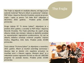 The	FrajleThe Frajle su objavile tri studijska albuma, od čega je prvi
autorski materijal "Naš prvi album sa putovanja“ (izdanje:
PGP Srbija i Aquarius Records Hrvatska), poznat po prvom
singlu i spotu za pesmu "Ich liebe dich" (objavljen u
decembru 2010. godine). Prodato preko 25.000
primeraka
Drugo izdanje EP “A strana ljubavi”, objavljeno je u
proleće 2014. godine, u saradnji sa PGP Srbija i Aquarius
Records Hrvatska. The Frajle potvrđuju da uspeh prvog
albuma nikako nije slučajan. Izdanje je obeležila saradnja
sa najznačajnijim regionalnim producentima, čiji rad na
albumu dodatno osnažuje vrednost projekta: Vojislav
Aralica, Magnifico, Ante Gelo. Prodato preko 20.000
primeraka.
Treće izdanje “B strana ljubavi” je objavljeno u novembru
2015. godine. Album je rezultat autorskog sazrevanja i
iskustva koje je donelo vrlo zapaženo prisustvo na
muzičkoj sceni u čitavom regionu. Menjam dane” je u
rekordnom postao regionalni hit leta sa više od 1.000.000
pregleda na youtube kanalu. Prodato preko 10.000
primeraka.
 
