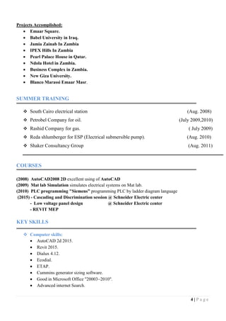 4 | P a g e
Projects Accomplished:
 Emaar Square.
 Babel University in Iraq.
 Jamia Zainab In Zambia
 IPEX Hills In Zambia
 Pearl Palace House in Qatar.
 Ndola Hotel in Zambia.
 Business Complex in Zambia.
 New Giza University.
 Blanco Marassi Emaar Masr.
SUMMER TRAINING
 South Cairo electrical station (Aug. 2008)
 Petrobel Company for oil. (July 2009,2010)
 Rashid Company for gas. ( July 2009)
 Reda shlumberger for ESP (Electrical submersible pump). (Aug. 2010)
 Shaker Consultancy Group (Aug. 2011)
COURSES
(2008) AutoCAD2008 2D excellent using of AutoCAD
(2009) Mat lab Simulation simulates electrical systems on Mat lab.
(2010) PLC programming "Siemens” programming PLC by ladder diagram language
(2015) - Cascading and Discrimination session @ Schneider Electric center
- Low voltage panel design @ Schneider Electric center
- REVIT MEP
KEY SKILLS
 Computer skills:
 AutoCAD 2d 2015.
 Revit 2015.
 Dialux 4.12.
 Ecodial.
 ETAP.
 Cummins generator sizing software.
 Good in Microsoft Office "20003~2010".
 Advanced internet Search.
 