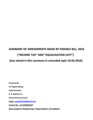 Finance Bill, 2016 Summary (Income Tax) | PDF