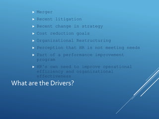  Merger
 Recent litigation
 Recent change in strategy
 Cost reduction goals
 Organizational Restructuring
 Perception that HR is not meeting needs
 Part of a performance improvement
program
 HR’s own need to improve operational
efficiency and organizational
effectiveness
What are the Drivers?
 