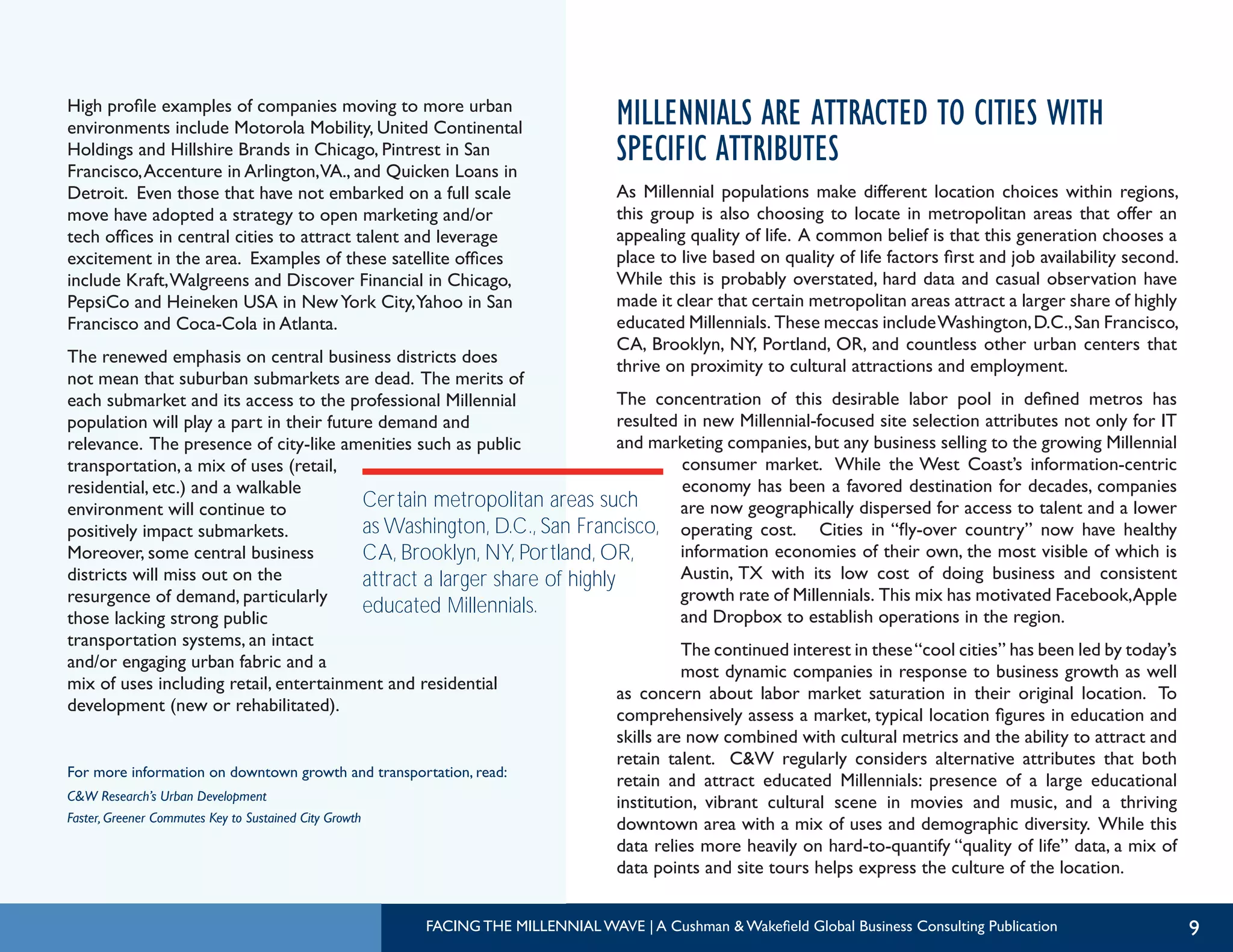 9
High profile examples of companies moving to more urban
environments include Motorola Mobility, United Continental
Holdings and Hillshire Brands in Chicago, Pintrest in San
Francisco,Accenture in Arlington,VA., and Quicken Loans in
Detroit. Even those that have not embarked on a full scale
move have adopted a strategy to open marketing and/or
tech offices in central cities to attract talent and leverage
excitement in the area. Examples of these satellite offices
include Kraft,Walgreens and Discover Financial in Chicago,
PepsiCo and Heineken USA in NewYork City,Yahoo in San
Francisco and Coca-Cola in Atlanta.
The renewed emphasis on central business districts does
not mean that suburban submarkets are dead. The merits of
each submarket and its access to the professional Millennial
population will play a part in their future demand and
relevance. The presence of city-like amenities such as public
transportation, a mix of uses (retail,
residential, etc.) and a walkable
environment will continue to
positively impact submarkets.
Moreover, some central business
districts will miss out on the
resurgence of demand, particularly
those lacking strong public
transportation systems, an intact
and/or engaging urban fabric and a
mix of uses including retail, entertainment and residential
development (new or rehabilitated).
For more information on downtown growth and transportation, read:
C&W Research’s Urban Development
Faster, Greener Commutes Key to Sustained City Growth
MILLENNIALS ARE ATTRACTED TO CITIES WITH
SPECIFIC ATTRIBUTES
As Millennial populations make different location choices within regions,
this group is also choosing to locate in metropolitan areas that offer an
appealing quality of life. A common belief is that this generation chooses a
place to live based on quality of life factors first and job availability second.
While this is probably overstated, hard data and casual observation have
made it clear that certain metropolitan areas attract a larger share of highly
educated Millennials. These meccas includeWashington,D.C.,San Francisco,
CA, Brooklyn, NY, Portland, OR, and countless other urban centers that
thrive on proximity to cultural attractions and employment.
The concentration of this desirable labor pool in defined metros has
resulted in new Millennial-focused site selection attributes not only for IT
and marketing companies, but any business selling to the growing Millennial
consumer market. While the West Coast’s information-centric
economy has been a favored destination for decades, companies
are now geographically dispersed for access to talent and a lower
operating cost. Cities in “fly-over country” now have healthy
information economies of their own, the most visible of which is
Austin, TX with its low cost of doing business and consistent
growth rate of Millennials. This mix has motivated Facebook,Apple
and Dropbox to establish operations in the region.
The continued interest in these“cool cities” has been led by today’s
most dynamic companies in response to business growth as well
as concern about labor market saturation in their original location. To
comprehensively assess a market, typical location figures in education and
skills are now combined with cultural metrics and the ability to attract and
retain talent. C&W regularly considers alternative attributes that both
retain and attract educated Millennials: presence of a large educational
institution, vibrant cultural scene in movies and music, and a thriving
downtown area with a mix of uses and demographic diversity. While this
data relies more heavily on hard-to-quantify “quality of life” data, a mix of
data points and site tours helps express the culture of the location.
Certain metropolitan areas such
as Washington, D.C., San Francisco,
CA, Brooklyn, NY, Portland, OR,
attract a larger share of highly
educated Millennials.
FACING THE MILLENNIAL WAVE | A Cushman & Wakefield Global Business Consulting Publication
 