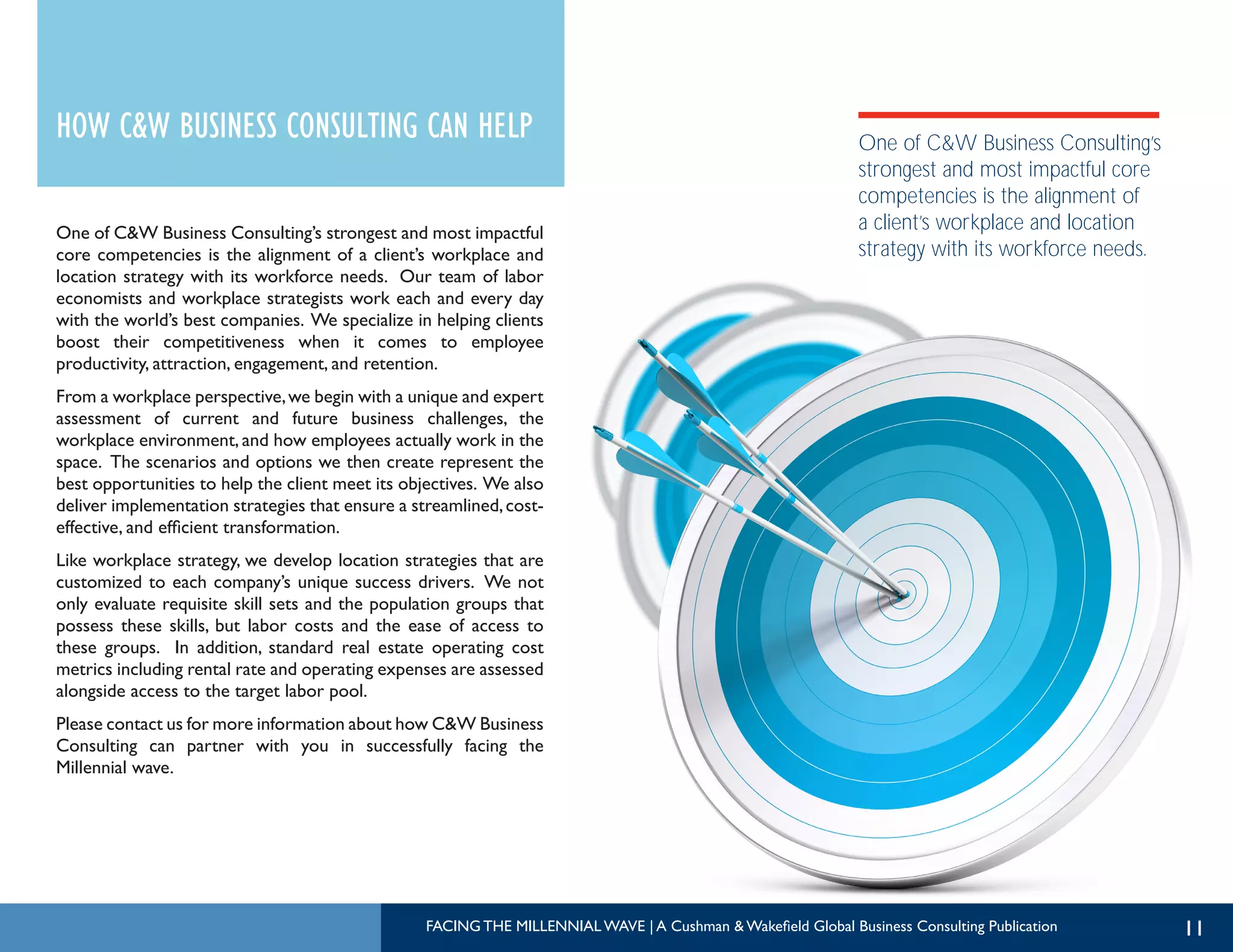 11
One of C&W Business Consulting’s
strongest and most impactful core
competencies is the alignment of
a client’s workplace and location
strategy with its workforce needs.
One of C&W Business Consulting’s strongest and most impactful
core competencies is the alignment of a client’s workplace and
location strategy with its workforce needs. Our team of labor
economists and workplace strategists work each and every day
with the world’s best companies. We specialize in helping clients
boost their competitiveness when it comes to employee
productivity, attraction, engagement, and retention.
From a workplace perspective,we begin with a unique and expert
assessment of current and future business challenges, the
workplace environment, and how employees actually work in the
space. The scenarios and options we then create represent the
best opportunities to help the client meet its objectives. We also
deliver implementation strategies that ensure a streamlined,cost-
effective, and efficient transformation.
Like workplace strategy, we develop location strategies that are
customized to each company’s unique success drivers. We not
only evaluate requisite skill sets and the population groups that
possess these skills, but labor costs and the ease of access to
these groups. In addition, standard real estate operating cost
metrics including rental rate and operating expenses are assessed
alongside access to the target labor pool.
Please contact us for more information about how C&W Business
Consulting can partner with you in successfully facing the
Millennial wave.
HOW C&W BUSINESS CONSULTING CAN HELP
FACING THE MILLENNIAL WAVE | A Cushman & Wakefield Global Business Consulting Publication
 
