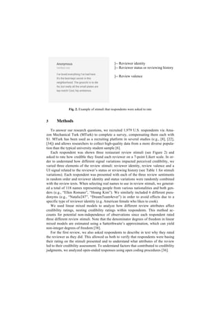 ]-- Reviewer identity
]-- Reviewer status or reviewing history
]-- Review valence
Fig. 2. Example of stimuli that respondents were asked to rate
3 Methods
To answer our research questions, we recruited 1,979 U.S. respondents via Ama-
zon Mechanical Turk (MTurk) to complete a survey, compensating them each with
$1. MTurk has been used as a recruiting platform in several studies (e.g., [8], [22],
[34]) and allows researchers to collect high-quality data from a more diverse popula-
tion than the typical university student sample [6].
Each respondent was shown three restaurant review stimuli (see Figure 2) and
asked to rate how credible they found each reviewer on a 7-point Likert scale. In or-
der to understand how different signal variations impacted perceived credibility, we
varied three elements of the review stimuli: reviewer identity, review valence and a
UI signal related to the reviewer’s status or reviewing history (see Table 1 for stimuli
variations). Each respondent was presented with each of the three review sentiments
in random order and reviewer identity and status variations were randomly combined
with the review texts. When selecting real names to use in review stimuli, we generat-
ed a total of 118 names representing people from various nationalities and both gen-
ders (e.g., “Ellen Romano”, “Hoang Kim”). We similarly included 6 different pseu-
donyms (e.g., “Natalie247”, “DreamTeam4ever”) in order to avoid effects due to a
specific type of reviewer identity (e.g. American female who likes to cook).
We used linear mixed models to analyze how different review attributes affect
credibility ratings, nesting credibility ratings within respondents. This method ac-
counts for potential non-independence of observations since each respondent rated
three different review stimuli. Note that the denominator degrees of freedom in linear
mixed models are estimated using a Satterthwaite’s approximation, which can yield
non-integer degrees of freedom [38].
For the first review, we also asked respondents to describe in text why they rated
the reviewer as they did. This allowed us both to verify that respondents were basing
their rating on the stimuli presented and to understand what attributes of the review
led to their credibility assessment. To understand factors that contributed to credibility
judgments, we analyzed open-ended responses using open coding procedures [36].
 