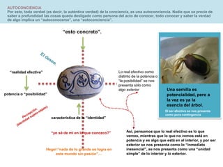 Page  20
AUTOCONCIENCIA
Por esto, toda verdad (es decir, la auténtica verdad) de la conciencia, es una autoconciencia. Nadie que se precie de
saber a profundidad las cosas queda desligado como persona del acto de conocer, todo conocer y saber la verdad
de algo implica un “autoconocerse”, una “autoconciencia”.
“realidad efectiva”
“esto concreto”.
potencia o “posibilidad”
característica de la “identidad”
Una semilla es
potencialidad, pero a
la vez es ya la
esencia del árbol.
Lo real efectivo como
distinto de la potencia o
“la posibilidad” se nos
presenta sólo como
algo exterior
Así, pensamos que lo real efectivo es lo que
vemos, mientras que lo que no vemos está en
potencia y es algo que está en el interior, y por ser
exterior se nos presenta como lo “inmediato
inesencial”, se nos presenta como una “unidad
simple” de lo interior y lo exterior.
El ser efectivo se nos presenta
como pura contingencia
“yo sé de mí en lo que conozco?”
Hegel “nada de lo grande se logra en
este mundo sin pasión”…
 