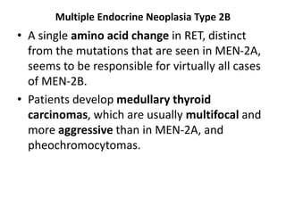 Multiple Endocrine Neoplasia Type 2B
• A single amino acid change in RET, distinct
from the mutations that are seen in MEN-2A,
seems to be responsible for virtually all cases
of MEN-2B.
• Patients develop medullary thyroid
carcinomas, which are usually multifocal and
more aggressive than in MEN-2A, and
pheochromocytomas.
 