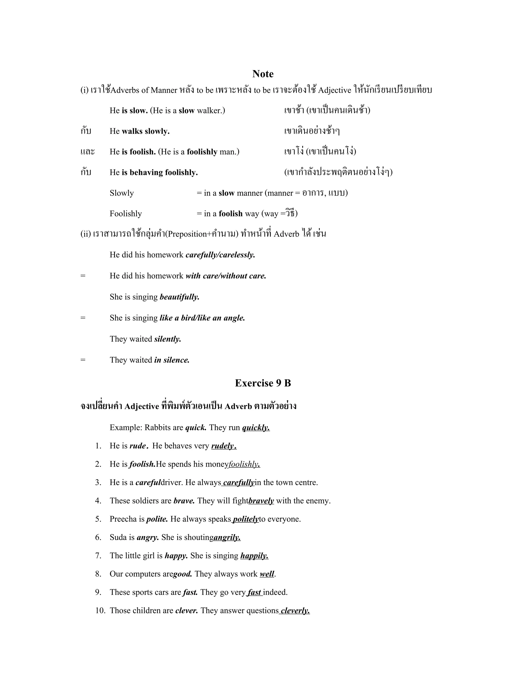Note
(i) เราใช้Adverbs of Manner หลัง to be เพราะหลัง to be เราจะต้องใช้ Adjective ให้นกเรี ยนเปรี ยบเทียบ
                                                                                  ั
            He is slow. (He is a slow walker.)                  เขาช้า (เขาเป็ นคนเดินช้า)
กับ         He walks slowly.                                    เขาเดินอย่างช้าๆ
และ         He is foolish. (He is a foolishly man.)             เขาโง่ (เขาเป็ นคนโง่)
กับ         He is behaving foolishly.                           (เขากําลังประพฤติตนอย่างโง่ๆ)
            Slowly                    = in a slow manner (manner = อาการ, แบบ)
            Foolishly                 = in a foolish way (way =วิธี)
(ii) เราสามารถใช้กลุ่มคํา(Preposition+คํานาม) ทําหน้าที่ Adverb ได้ เช่น
            He did his homework carefully/carelessly.
=           He did his homework with care/without care.
            She is singing beautifully.
=           She is singing like a bird/like an angle.
            They waited silently.
=           They waited in silence.
                                                 Exercise 9 B
จงเปลียนคํา Adjective ทีพมพ์ ตัวเอนเป็ น Adverb ตามตัวอย่ าง
      ่                 ่ ิ
            Example: Rabbits are quick. They run quickly.
      1.    He is rude. He behaves very rudely.
      2.    He is foolish.He spends his moneyfoolishly.
      3.    He is a carefuldriver. He always carefullyin the town centre.
      4.    These soldiers are brave. They will fightbravely with the enemy.
      5.    Preecha is polite. He always speaks politelyto everyone.
      6.    Suda is angry. She is shoutingangrily.
      7.    The little girl is happy. She is singing happily.
      8.    Our computers aregood. They always work well.
      9.    These sports cars are fast. They go very fast indeed.
      10.   Those children are clever. They answer questions cleverly.
 