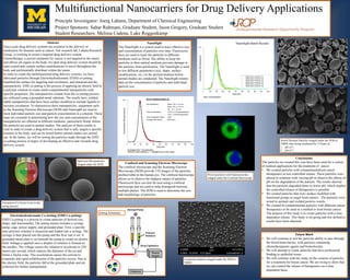 Multifunctional Nanocarriers for Drug Delivery Applications
Principle Investigator: Joerg Lahann, Department of Chemical Engineeirng
Project Sponsors: Sahar Rahmani, Graduate Student, Jason Gregory, Graduate Student
Student Researchers: Melissa Cadena, Luke Roggenkamp
Abstract
Nano-scale drug delivery systems are essential in the delivery of
medication for diseases such as cancer. Our research lab, Lahann Research
Group, is working to create a targeted drug delivery system.
Chemotherapy, a current treatment for cancer is not targeted to the tumor
and affects all organs in the body. An ideal drug delivery system should be
nano-scaled and contain surface modifications to travel throughout the
body and preferentially distribute within the tumor.
In order to create the multifunctional drug delivery systems, we have:
fabricated particles through Electrohydrodynamic (EHD) co-jetting,
modified the surface for targeting and circulation, and characterized the
nanoparticles. EHD co-jetting is the process of applying an electric field to
a polymer solution to create multi-compartmental nanoparticles with
specific properties. The nanoparticles created from the co-jetting process
are collected using a grounded metal substrate. The results have yielded
stable nanoparticles that have been surface modified to include ligands to
increase circulation. To characterize these nanoparticles, equipment such
as the Scanning Electron Microscope (SEM) and Nanosight are used to
track individual particle size and particle concentration in a solution. These
steps are essential in determining how the size and concentration of the
nanoparticles are affected in different mediums, particularly blood, before
the particles are used in animal studies. The analysis of these results is
vital in order to create a drug delivery system that is safe, targets a specific
location in the body, and can be tested before animal studies are carried
out. In the future, we will be testing the particles made through the EHD
co-jetting process in hopes of developing an effective and versatile drug
delivery system.
Electrohydrodynamic Co-Jetting (EHD Co-jetting)
EHD Co-jetting is a process to create particles of desired size,
shape, and functionality. The jetting station includes a syringe
pump, cage, power supply, and grounded plate. First, a specific
ratio polymer solution is measured and loaded into a syringe. The
syringe is then placed into the pump and the flow rate is set. A
grounded metal plate is set beneath the pump to create an electric
field. Voltage is applied once a droplet of solution is formed on
the needles. The voltage causes the solution to accelerate to 250
meters per second, which reduces the diameter of the jet and
forms a Taylor cone. This acceleration causes the solvent to
evaporate and rapid solidification of the particles occurs. Due to
the electric field, the particles fall to the grounded plate and are
collected for further manipulation.
Confocal and Scanning Electron Microscope
The confocal microscope and the Scanning Electron
Microscope (SEM) provide 3-D images of the particles
unobservable to the human eye. The confocal microscope
allows us to observe the biphasic nature of particles.
Fluorescent dyes can also be seen using a confocal
microscope and are used to help distinguish between
multiple phases. The SEM is used to determine the size
and morphology of particles.
NanoSight
The NanoSight is a system used to trace effective size
and concentration of particles over time. Fluorescent
dyes are used to track the particles in different
mediums such as blood. The ability to keep the
particles in their natural medium prevents damage to
the particles from purification. The NanoSight is used
to test different parameters (size, shape, surface
modifications, etc.) in the desired medium before
animal studies are conducted. The NanoSight returns
data on the concentration of particles and individual
particle size.
Conclusions
The particles we created this year have been used for a variety
of medical applications for the treatment of cancer.
• We created particles with compartmentalized cancer
therapeutics to test controlled release. These particles were
placed in solutions with varying pH to observe the effects of
pH on the degradation of the particle. The results showed
that the particles degraded faster in lower pH, which implies
the controlled release of therapeutics is possible.
• We created particles that were surface modified with
functional groups to target brain tumors. The particles were
tested in animals and yielded positive results.
• We created bi-compartmental particles with different cancer
therapeutics to be used as a method to treat breast cancer.
The purpose of this study is to create particles with a time
dependent release. This study is on-going and few definitive
results have been obtained.
Future Work
• We will continue to test the particles ability to pass through
the blood brain barrier, with particles containing
chemotherapeutic agents and biomolecules.
• We will attempt to create particles that have preferential
binding to epithelial tissue.
• We will continue with the study on the creation of particles
for a treatment for breast cancer. We are trying to show that
we can control the release of therapeutics on a time
dependent basis.
Jetting Schematic
PLGA particles with fluorescent dye
imaged under the Confocal Microscope
Acetyl Dextran Particles imaged under the SEM at
1000X after being incubated for 15 hours at:
1. pH of 5
2. pH of 7
1
2
Formation of a Taylor Cone in the
jetting process
Spherical Microparticles
imaged under the SEM
Lomustine particles imaged under the SEM at
5000X
NanoSight Batch Results
 