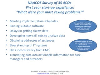 NAACOS Survey of 35 ACOs
First year start-up experience:
“What were your most vexing problems?”
• Meeting implementation s...