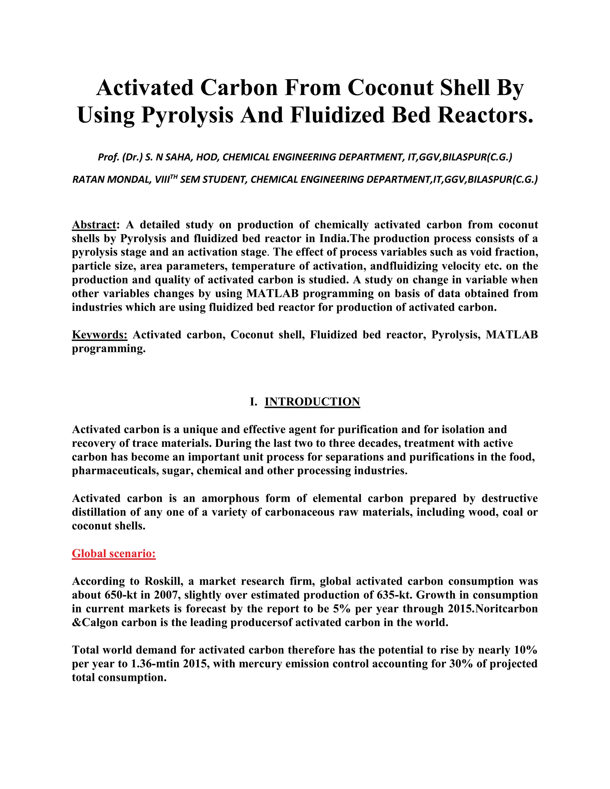 Activation Of Carbon Produced From Coconut Shell By Using Fluidized Bed ...