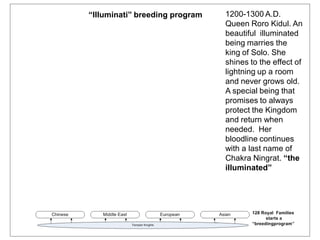 1200-1300 A.D.
Queen Roro Kidul. An
beautiful illuminated
being marries the
king of Solo. She
shines to the effect of
lightning up a room
and never grows old.
A special being that
promises to always
protect the Kingdom
and return when
needed. Her
bloodline continues
with a last name of
Chakra Ningrat. “the
illuminated”
“Illuminati” breeding program
 