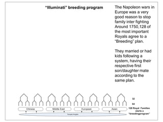 The Napoleon wars in
Europe was a very
good reason to stop
family inter fighting
Around 1750,128 of
the most important
Royals agree to a
“Breeding” plan.
They married or had
kids following a
system, having their
respective first
son/daughter mate
according to the
same plan.
“Illuminati” breeding program
 