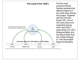 9 of the most
prominent Royal
families representing
different regions of
the world were driving
this project. Together
with the Chinese
Royal “KS”, one of
the most active and
respected among
them were PB X
(paku Bueno X). M1’s
biological father and
the king of Solo from
the “Chaka Ningrat”
or “The illuminated”
Solomon bloodline.
The recall of the 1920’s
 