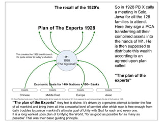 So in 1928 PB X calls
a meeting in Solo,
Jawa for all the 128
families to attend.
Here they sign a POA
transferring all their
combined assets into
the hands of M1. He
is then supposed to
distribute this wealth
according to an
agreed upon plan
called
“The plan of the
experts”
The recall of the 1920’s
“The plan of the Experts” they feel is divine. It’s driven by a genuine attempt to better the fate
of all mankind and bring them all into a material level of comfort after which man is free enough from
daily troubles to pursue mankind's ultimate goal of Unity with God for each and every one.
It is a long worked upon plan of Unifying the World, “for as good as possible for as many as
possible” That was their basic guiding principle.
 