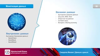 06Монетизация данных
Внутренние данные
Аутсорсинг банковских данных:
- Bank2Client
- Bank2Bank
- Bank2Retail
Внешние данные
- Аутсорсинг внешних данных
- Соц.сети, ЖКХ, Чеки
- Открытые гос.данные
- Сотовая связь
- История с Sharing economy
Свердлов Михаил | Данные и деньги
 
