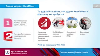 07Данные напрокат: Bank2Client
Качество сервиса:
быстро, дешево,
удобно, просто …
Уют при обслуживании,
нематериальные
ценности
То, что хочет клиент, там, где он этого хочет и
когда ему это требуется
Увеличение
кросс-продаж
с минимизацией
бюджета и
коммуникаций
Финансовый
менеджер
(PFM)
Profit по стратегии Win-Win
Real-time-based
cистемы
лояльности
Монетизация
отказов
Свердлов Михаил | Данные и деньги
 