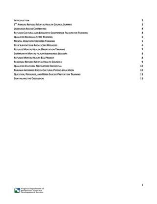 1
INTRODUCTION 2
3RD
ANNUAL REFUGEE MENTAL HEALTH COUNCIL SUMMIT 2
LANGUAGE ACCESS CONFERENCE 4
REFUGEE CULTURAL AND LINGUISTIC COMPETENCE FACILITATOR TRAINING 4
QUALIFIED BILINGUAL STAFF TRAINING 5
MENTAL HEALTH INTERPRETER TRAINING 5
PEER SUPPORT FOR ADOLESCENT REFUGEES 6
REFUGEE MENTAL HEALTH ORIENTATION TRAINING 7
COMMUNITY MENTAL HEALTH AWARENESS SESSIONS 8
REFUGEE MENTAL HEALTH ESL PROJECT 8
REGIONAL REFUGEE MENTAL HEALTH COUNCILS 9
QUALIFIED CULTURAL NAVIGATORS CREDENTIAL 10
TRAUMA-INFORMED CROSS-CULTURAL PSYCHO-EDUCATION 10
QUESTION, PERSUADE, AND REFER SUICIDE PREVENTION TRAINING 11
CONTINUING THE DISCUSSION 11
 