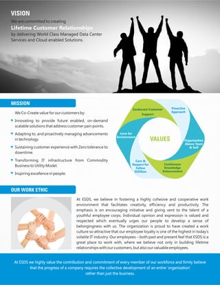 We are committed to creating
by delivering World Class Managed Data Center
Services and Cloud enabled Solutions.
Lifetime Customer Relationships
VISION
At ESDS we highly value the contribution and commitment of every member of our workforce and firmly believe
that the progress of a company requires the collective development of an entire 'organization'
rather than just the business.
At ESDS, we believe in fostering a highly cohesive and cooperative work
environment that facilitates creativity, efficiency and productivity. The
emphasis is on encouraging initiative and giving vent to the talent of a
youthful employee corps. Individual opinion and expression is valued and
respected which eventually urges our people to develop a sense of
belongingness with us. The organization is proud to have created a work
culture so attractive that our employee loyalty is one of the highest in today’s
volatile IT industry. Our employees – both past and present feel that ESDS is a
great place to work with, where we believe not only in building lifetime
relationships with our customers, but also our valuable employees.
OUR WORK ETHIC
Proactive
Approach
Care &
Respect for
Fellow
ESDSian
Continuous
Knowledge
Enhancement
Exuberant Customer
Support
Organization
Above Team
& Self
Love for
Environment
VALUES
We Co-Create value for our customers by:
Innovating to provide future enabled, on-demand
scalable solutions that address customer pain points.
Adapting to, and proactively managing advancements
in technology.
Sustaining customer experience with Zero tolerance to
downtime.
Transforming IT infrastructure from Commodity
Business to Utility Model.
Inspiring excellence in people.
MISSION
 