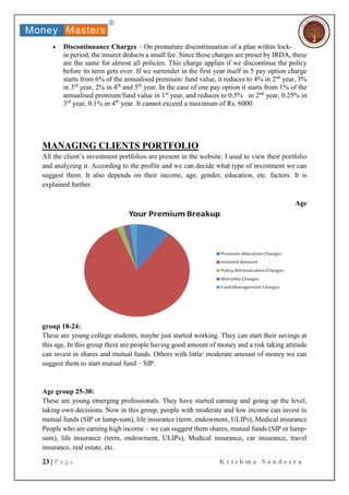 23 | P a g e K r i s h m a S a n d e s r a
 Discontinuance Charges – On premature discontinuation of a plan within lock-
in period, the insurer deducts a small fee. Since these charges are preset by IRDA, these
are the same for almost all policies. This charge applies if we discontinue the policy
before its term gets over. If we surrender in the first year itself in 5 pay option charge
starts from 6% of the annualised premium/ fund value, it reduces to 4% in 2nd
year, 3%
in 3rd
year, 2% in 4th
and 5th
year. In the case of one pay option it starts from 1% of the
annualised premium/fund value in 1st
year, and reduces to 0.5% in 2nd
year, 0.25% in
3rd
year, 0.1% in 4th
year. It cannot exceed a maximum of Rs. 6000.
MANAGING CLIENTS PORTFOLIO
All the client’s investment portfolios are present in the website. I used to view their portfolio
and analyzing it. According to the profile and we can decide what type of investment we can
suggest them. It also depends on their income, age, gender, education, etc. factors. It is
explained further.
Age
group 18-24:
These are young college students, maybe just started working. They can start their savings at
this age. In this group there are people having good amount of money and a risk taking attitude
can invest in shares and mutual funds. Others with little/ moderate amount of money we can
suggest them to start mutual fund – SIP.
Age group 25-30:
These are young emerging professionals. They have started earning and going up the level,
taking own decisions. Now in this group, people with moderate and low income can invest in
mutual funds (SIP or lump-sum), life insurance (term, endowment, ULIPs), Medical insurance
People who are earning high income – we can suggest them shares, mutual funds (SIP or lump-
sum), life insurance (term, endowment, ULIPs), Medical insurance, car insurance, travel
insurance, real estate, etc.
 