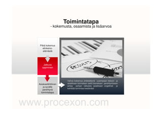 - kokemusta, osaamista ja lisäarvoa
Toimintatapa
Pitkä kokemus
elinkeino-
elämästä
Vahva kokemus yhdistettynä uusimpaan tietoon ja
asiakkaan toimialaan sekä bisneksen perehtymiseen
antaa pohjan ratkaista asiakkaan ongelmat ja
kehittää toimintaa kestävästi
Asiakaslähtöinen
ja syvälle
perehtyvä
toimintatapa
Jatkuva
oppiminen
 