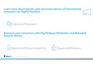 Learn more about barriers and conversion drivers of international
consumers on PayPal PassPort
©2016 PayPal Inc. Confidential and proprietary.
Reassure your consumers with PayPal Buyer Protection and Refunded
Returns service
Paypal.com/fr/passport
Paypal.com/fr/retoursPaypal.com/fr/buyer-protection
 