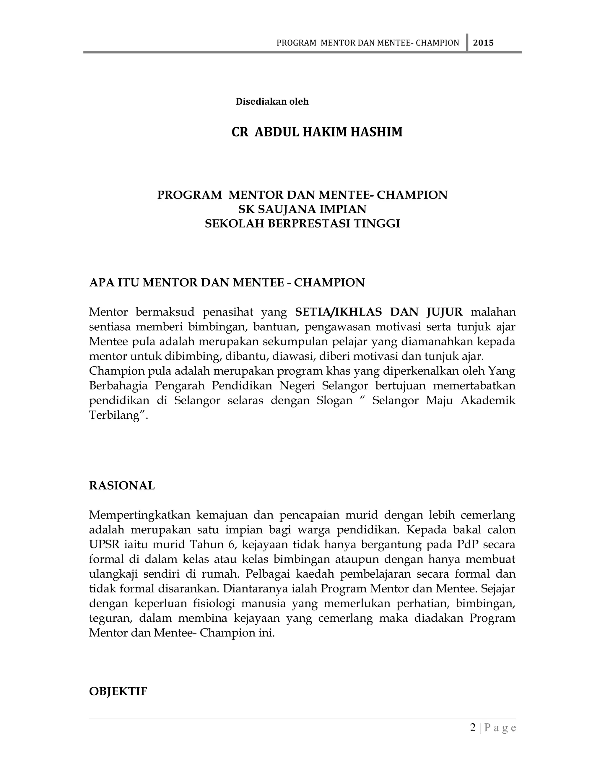 Contoh Kertas Kerja Program Champion -Mentor mentee-champion | DOC