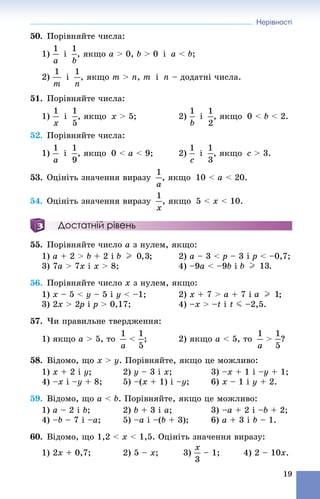 Нерівності
19
50. Ïîðіâíÿéòå ÷èñëà:
1) і , ÿêùî à > 0, b > 0 і à < b;
2) і , ÿêùî m > n, m і n – äîäàòíі ÷èñëà.
51. Ïîðіâíÿéòå ÷èñëà:
1) і , ÿêùî x > 5; 2) і , ÿêùî 0 < b < 2.
52. Ïîðіâíÿéòå ÷èñëà:
1) і , ÿêùî 0 < à < 9; 2) і , ÿêùî ñ > 3.
53. Îöіíіòü çíà÷åííÿ âèðàçó , ÿêùî 10 < à < 20.
54. Îöіíіòü çíà÷åííÿ âèðàçó , ÿêùî 5 < x < 10.
Достатній рівень
55. Ïîðіâíÿéòå ÷èñëî a ç íóëåì, ÿêùî:
1) a + 2 > b + 2 і ; 2) a – 3 < ð – 3 і ð < –0,7;
3) 7a > 7x і x > 8; 4) –9a < –9b і .
56. Ïîðіâíÿéòå ÷èñëî x ç íóëåì, ÿêùî:
1) õ – 5 < y – 5 і y < –1; 2) õ + 7 > à + 7 і ;
3) 2x > 2ð2 і ð > 0,17; 4) –x > –t і t J –2,5.
57. ×è ïðàâèëüíå òâåðäæåííÿ:
1) ÿêùî a > 5, òî < ; 2) ÿêùî a < 5, òî > ?
58. Âіäîìî, ùî x > ó. Ïîðіâíÿéòå, ÿêùî öå ìîæëèâî:
1) x + 2 і ó; 2) ó – 3 і õ; 3) –x + 1 і –ó + 1;
4) –x і –y + 8; 5) –(x + 1) і –y; 6) x – 1 і ó + 2.
59. Âіäîìî, ùî à < b. Ïîðіâíÿéòå, ÿêùî öå ìîæëèâî:
1) à – 2 і b; 2) b + 3 і à; 3) –à + 2 і –b + 2;
4) –b – 7 і –à; 5) –à і –(b + 3); 6) à + 3 і b – 1.
60. Âіäîìî, ùî 1,2 < x < 1,5. Îöіíіòü çíà÷åííÿ âèðàçó:
1) 2õ + 0,7; 2) 5 – õ; 3) – 1; 4) 2 – 10õ.
 