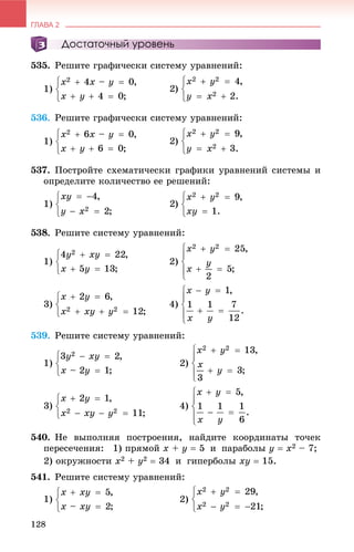 ГЛАВА 2
128
Достаточный уровень
535. Ðåøèòå ãðàôè÷åñêè ñèñòåìó óðàâíåíèé:
1)
536. Ðåøèòå ãðàôè÷åñêè ñèñòåìó óðàâíåíèé:
1)
537. Ïîñòðîéòå ñõåìàòè÷åñêè ãðàôèêè óðàâíåíèé ñèñòåìû è
îïðåäåëèòå êîëè÷åñòâî åå ðåøåíèé:
1)
Ðåøèòå ñèñòåìó óðàâíåíèé:
1) 2)
3) 4)
539. Ðåøèòå ñèñòåìó óðàâíåíèé:
1) 2)
3) 4)
540. Íå âûïîëíÿÿ ïîñòðîåíèÿ, íàéäèòå êîîðäèíàòû òî÷åê
ïåðåñå÷åíèÿ: 1) ïðÿìîé x + y  5 è ïàðàáîëû y  x2 – 7;
2) îêðóæíîñòè x2 + y2  34 è ãèïåðáîëû xy  15.
541. Ðåøèòå ñèñòåìó óðàâíåíèé:
1) 2)
 