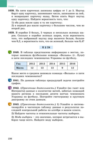 ГЛАВА 4
236
1038. Íà ïÿòè êàðòî÷êàõ çàïèñàíû öèôðû îò 1 äî 5. Íàóãàä
áåðóò îäíó êàðòî÷êó, çàïîìèíàþò ÷èñëî, çàïèñàííîå íà íåé,
è âîçâðàùàþò êàðòî÷êó íàçàä. Çàòåì îïÿòü áåðóò íàóãàä
îäíó êàðòî÷êó. Íàéäèòå âåðîÿòíîñòü òîãî, ÷òî:
1) îáà ðàçà âçÿëè îäíó è òó æå êàðòî÷êó;
2) â ïåðâûé ðàç âçÿëè êàðòî÷êó ñ áîëüøèì ÷èñëîì, ÷åì âî
âòîðîé ðàç.
1039. Â êîðîáêå 3 áåëûõ, 5 ÷åðíûõ è íåñêîëüêî çåëåíûõ øà-
ðîâ. Ñêîëüêî â êîðîáêå çåëåíûõ øàðîâ, åñëè âåðîÿòíîñòü
òîãî, ÷òî âûáðàííûé íàóãàä øàð ÿâëÿåòñÿ áåëûì, áîëüøå
÷åì 0,2, à âåðîÿòíîñòü òîãî, ÷òî îí çåëåíûé, áîëüøå ÷åì 0,4?
1040. Â òàáëèöå ïðåäñòàâëåíà èíôîðìàöèÿ î ìåñòàõ, êî-
òîðûå çàíèìàëà ôóòáîëüíàÿ êîìàíäà «Âîëûíü» (ã. Ëóöê)
â ïÿòè ïîñëåäíèõ ÷åìïèîíàòàõ Óêðàèíû ïî ôóòáîëó.
Ãîä 2012 2013 2014 2015 2016
Ìåñòî 12 13 13 9 12
Êàêîå ìåñòî â ñðåäíåì çàíèìàëà êîìàíäà «Âîëûíü» â ïÿòè
ïîñëåäíèõ ÷åìïèîíàòàõ?
1041. Ïî äàííûì òàáëèöû ïðåäûäóùåé çàäà÷è ïîñòðîéòå
ãðàôèê.
1042. (Ïðîåêòíàÿ äåÿòåëüíîñòü.) Óçíàéòå (èç ãàçåò èëè
Èíòåðíåòà) äàííûå î êîëè÷åñòâå ìÿ÷åé, çàáèòûõ êîìàíäîé
âàøåãî ðåãèîíà â ïîñëåäíèõ äåñÿòè ìàò÷àõ ÷åìïèîíàòà
Óêðàèíû ïî ôóòáîëó. Ïîñòðîéòå ãèñòîãðàììó è êðóãîâóþ
äèàãðàììó ïî ýòèì äàííûì.
1043. (Ïðîåêòíàÿ äåÿòåëüíîñòü.) 1) Óçíàéòå è ñèñòåìà-
òèçèðóéòå â ÷àñòîòíóþ òàáëèöó äàííûå î ðåçóëüòàòàõ ïî-
ñëåäíåé êîíòðîëüíîé ðàáîòû ïî àëãåáðå â âàøåì êëàññå.
2) Íàéäèòå ÷àñòîòû è îòíîñèòåëüíûå ÷àñòîòû âûáîðêè.
3) Ìîäà âûáîðêè – ýòî çíà÷åíèå, êîòîðîå âñòðå÷àåòñÿ â âû-
áîðêå ÷àùå âñåãî. Íàéäèòå ìîäó âûáîðêè.
Ê § 24
 