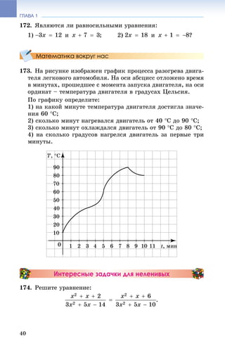 ГЛАВА 1
40
172. ßâëÿþòñÿ ëè ðàâíîñèëüíûìè óðàâíåíèÿ:
1) è ; 2) è ?
Математика вокруг нас
173. Íà ðèñóíêå èçîáðàæåí ãðàôèê ïðîöåññà ðàçîãðåâà äâèãà-
òåëÿ ëåãêîâîãî àâòîìîáèëÿ. Íà îñè àáñöèññ îòëîæåíî âðåìÿ
â ìèíóòàõ, ïðîøåäøåå ñ ìîìåíòà çàïóñêà äâèãàòåëÿ, íà îñè
îðäèíàò – òåìïåðàòóðà äâèãàòåëÿ â ãðàäóñàõ Öåëüñèÿ.
Ïî ãðàôèêó îïðåäåëèòå:
1) íà êàêîé ìèíóòå òåìïåðàòóðà äâèãàòåëÿ äîñòèãëà çíà÷å-
íèÿ 60 Ñ;
2) ñêîëüêî ìèíóò íàãðåâàëñÿ äâèãàòåëü îò 40 Ñ äî 90 Ñ;
3) ñêîëüêî ìèíóò îõëàæäàëñÿ äâèãàòåëü îò 90 Ñ äî 80 Ñ;
4) íà ñêîëüêî ãðàäóñîâ íàãðåëñÿ äâèãàòåëü çà ïåðâûå òðè
ìèíóòû.
Интересные задачки для неленивых
174. Ðåøèòå óðàâíåíèå:
.
 