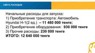 вв 
СМЕТА РАСХОДОВ 
Начальные расходы для запуска: 
1) Приобретение транспорта: Автомобиль 
Hyundai H-1(2 ед.) – 11 480 000 тенге; 
2) Приобретение оборудования: 930 000 тенге 
3) Прочие расходы: 230 000 тенге 
ИТОГО: 12 640 000 тенге 
 