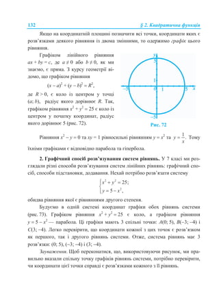 132 § 2. Квадратична функція
Якщо на координатній площині позначити всі точки, координати яких є
розв’язками деякого рівняння із двома змінними, то одержимо графік цього
рівняння.
Графіком лінійного рівняння
ax + by = c, де а ≠ 0 або b ≠ 0, як ми
знаємо, є пряма. З курсу геометрії ві-
домо, що графіком рівняння
(x  a)2
+ (y  b)2
 R2
,
де R > 0, є коло із центром у точці
(a; b), радіус якого дорівнює R. Так,
графіком рівняння x2
+ у2
 25 є коло із
центром у початку координат, радіус
якого дорівнює 5 (рис. 72). Рис. 72
Рівняння х2
 у  0 та ху = 1 рівносильні рівнянням у  х2
та
1
.y
x
 Тому
їхніми графіками є відповідно парабола та гіпербола.
2. Графічний спосіб розв’язування систем рівнянь. У 7 класі ми роз-
глядали різні способи розв’язування систем лінійних рівнянь: графічний спо-
сіб, способи підстановки, додавання. Нехай потрібно розв’язати систему
2 2
2
25;
5 ,
x y
y x
  

 
обидва рівняння якої є рівняннями другого степеня.
Будуємо в одній системі координат графіки обох рівнянь системи
(рис. 73). Графіком рівняння x2
+ у2
 25 є коло, а графіком рівняння
у  5  х2
— парабола. Ці графіки мають 3 спільні точки: A(0; 5), B(3; 4) і
C(3; 4). Легко перевірити, що координати кожної з цих точок є розв’язком
як першого, так і другого рівнянь системи. Отже, система рівнянь має 3
розв’язки: (0; 5), (3; 4) і (3; 4).
Зауваження. Щоб переконатися, що, використовуючи рисунок, ми пра-
вильно вказали спільну точку графіків рівнянь системи, потрібно перевірити,
чи координати цієї точки справді є розв’язками кожного з її рівнянь.
 
