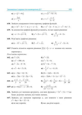 Запитання і вправи для повторення § 2 153
в) 2
4 ;y x x  г) 2
4 4;y x x  
д)
2
;
x
y
x
 е) 2 1
.
1
x
y x
x

 

638. Знайдіть координати точок перетину графіків функцій:
а) у  3х2
– 3х + 1 та у  –х + 2; б) у  х2
– 2х – 5 та у  –х2
+ 4х + 3.
639. За допомогою графіків функцій установіть, чи має корені рівняння:
а) 3 4;x x    б) 2
2 1;x x x   в)
4
4 2 .
2
x
x
 

640. Розв’яжіть графічно рівняння:
а) (х – 1)2
 1;x  б) 2 – х2
 ;x в) 26
2 6.
1
x x
x
  

641*.Укажіть кількість коренів рівняння 2 1x x a   залежно від значень
параметра а.
Розв’яжіть нерівність:
642. а) х2
 25; б) х2
> 25;
в) х2
+ 100  0; г) х2
 7х < 0;
д) х2
 2х  8 > 0; е) 3х2
+ 4х  7 < 0;
є) х2
 4х + 5  0; ж)
1
3
 х2
+ х + 6  0.
643. а) (х  2)(х + 4) < 0; б) (3х  1)(2х  4)  0;
в) (х  3)(х + 3) > 2(х + 3); г) (х  2)(4х + 1) < (х + 1)2
+ 3.
644. а)
2
1 2
3 6 24
x x x x 
  ; б)    21 1 1
4 4 .
12 16 24 48
x
x x     
645*.а) 2
( 6) 20 0;x x x    б)
2
3
0.
12
x
x x


 
646. Знайдіть усі значення аргументу, для яких функція у = 2х2
 11х + 5 на-
буває додатних значень; від’ємних значень.
647. Знайдіть усі значення параметра а, для кожного з яких рівняння
x2
+ 4аx + 8а + 12 = 0:
а) не має коренів; б) має два різні корені.
 