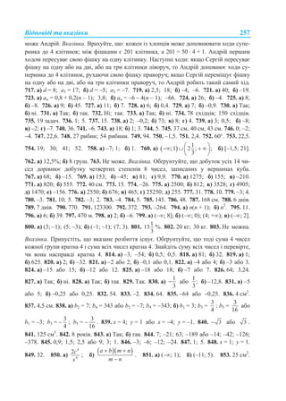 Відповіді та вказівки 257
може Андрій. Вказівка. Врахуйте, що: кожен із хлопців може доповнювати ходи супе-
рника до 4 клітинок; між фішками є 201 клітинка, а 201 = 50  4 + 1. Андрій першим
ходом пересуває свою фішку на одну клітинку. Наступні ходи: якщо Сергій пересуває
фішку на одну або на дві, або на три клітинки ліворуч, то Андрій доповнює ходи су-
перника до 4 клітинок, рухаючи свою фішку праворуч; якщо Сергій переміщує фішку
на одну або на дві, або на три клітинки праворуч, то Андрій робить такий самий хід.
717. а) d = 8; a3 = 17; б) d = –5; a3 = –7. 719. а) 2,5; 18; б) –4; –6. 721. а) 40; б) –19.
723. а) an = 0,8 + 0,2(n – 1); 3,8; б) an = –6 – 4(n – 1); –66. 724. а) 26; б) –4. 725. а) 8;
б) –8. 726. а) 9; б) 45. 727. а) 11; б) 7. 728. а) 6; б) 0,4. 729. а) 7; б) –0,9. 730. а) Так;
б) ні. 731. а) Так; б) так. 732. Ні; так. 733. а) Так; б) ні. 734. 78 східців; 150 східців.
735. 19 задач. 736. 1; 5. 737. 15. 738. а) 2; –0,2; б) 73; в) 8; г) 4. 739. а) 3; 0,5; б) –8;
в) –2; г) –7. 740. 36. 741. –6. 743. а) 18; б) 1; 3. 744. 5. 745. 37 см, 40 см, 43 см. 746. 0; –2;
–4. 747. 22,6. 748. 27 рибин; 54 рибини. 749. 94. 750. –1,5. 751. 2,4. 752. 60°. 753. 22,5.
754. 19; 30; 41; 52. 758. а) –7; 1; б) 1. 760. а)   1
;1 2 ; ;
3
     
 
б) [–1,5; 21].
762. а) 12,5%; б) 8 груш. 763. Не може. Вказівка. Обґрунтуйте, що добуток усіх 14 чи-
сел дорівнює добутку четвертих степенів 8 чисел, записаних у вершинах куба.
767. а) 68; б) –15. 769. а) 153; б) –45; в) 81; г) 9,9. 770. а) 1275; б) 155; в) –210.
771. а) 820; б) 555. 772. 40 см. 773. 15. 774. –26. 775. а) 2500; б) 812; в) 3528; г) 4905;
д) 1470; е) –156. 776. а) 2550; б) 676; в) 465; г) 25250; д) 255. 777. 31. 778. 10. 779. –3; 4.
780. –3. 781. 10; 5. 782. –3; 2. 783. –4. 784. 5. 785. 145. 786. 48. 787. 168 см. 788. 6 днів.
789. 7 днів. 790. 770. 791. 123300. 792. 372. 793. –264. 794. а) n(n + 1); б) n2
. 795. 11.
796. а) 6; б) 39. 797. 470 м. 798. а) 2; б) –6. 799. а) (–; 8]; б) (–; 0); (4; +); в) (–; 2].
800. а) (3; –1); (5; –3); б) (–1; –1); (7; 3). 801.
1
13
3
%. 802. 20 кг; 30 кг. 803. Не можна.
Вказівка. Припустіть, що вказане розбиття існує. Обґрунтуйте, що тоді сума 4 чисел
кожної групи кратна 4 і сума всіх чисел кратна 4. Знайдіть суму всіх чисел і перевірте,
чи вона насправді кратна 4. 814. а) –3; –54; б) 0,5; 0,5. 818. а) 81; б) 32. 819. а) 1;
б) 625. 820. а) 2; б) –32. 821. а) –2 або 2; б) –0,1 або 0,1. 822. а) –4 або 4; б) –3 або 3.
824. а) –15 або 15; б) –12 або 12. 825. а) –18 або 18; б) –7 або 7. 826. 64; 3,24.
827. а) Так; б) ні. 828. а) Так; б) так. 829. Так. 830. а)
1
3
 або
1
;
3
б) –12,8. 831. а) –5
або 5; б) –0,25 або 0,25. 832. 54. 833. –2. 834. 64. 835. –64 або –0,25. 836. 4 см2
.
837. 4,5 см. 838. а) b2 = 7; b4 = 343 або b2 = –7; b4 = –343; б) b1 = 3; b3 =
3
4
; b5 =
3
16
або
b1 = –3; b3 = –
3
4
; b5 = –
3
16
. 839. x = 4; y = 1 або x = –4; y = –1. 840. 3 або 3 .
841. 125 см3
. 842. 8 років. 843. а) Так; б) так. 844. 7; –21; 63; –189 або –14; –42; –126;
–378. 845. 0,9; 1,5; 2,5 або 9; 3; 1. 846. –3; –6; –12; –24. 847. 1; 5. 848. x = 1; y = 1.
849. 32. 850. а)
4
4
2c
x
; б)
  a b m n
m n
 

. 851. а) (–; 1); б) (–11; 5). 853. 25 см2
.
 