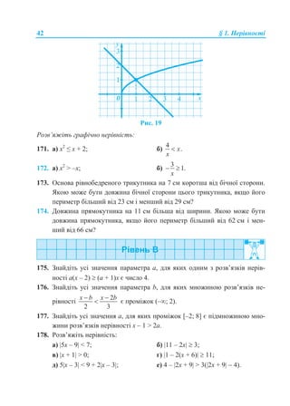42 § 1. Нерівності
Рис. 19
Розв’яжіть графічно нерівність:
171. а) x2
≤ х + 2; б)
4
.x
x

172. а) x2
> –х; б)
3
1.
x
 
173. Основа рівнобедреного трикутника на 7 см коротша від бічної сторони.
Якою може бути довжина бічної сторони цього трикутника, якщо його
периметр більший від 23 см і менший від 29 см?
174. Довжина прямокутника на 11 см більша від ширини. Якою може бути
довжина прямокутника, якщо його периметр більший від 62 см і мен-
ший від 66 см?
175. Знайдіть усі значення параметра а, для яких одним з розв’язків нерів-
ності а(х – 2)  (а + 1)х є число 4.
176. Знайдіть усі значення параметра b, для яких множиною розв’язків не-
рівності
2
2 3
x b x b 
 є проміжок (–; 2).
177. Знайдіть усі значення а, для яких проміжок [–2; 8] є підмножиною мно-
жини розв’язків нерівності х – 1 > 2а.
178. Розв’яжіть нерівність:
а) 5x – 9 < 7; б) 11 – 2x  3;
в) x + 1 > 0; г) 1 – 2(x + 6)  11;
д) 5x – 3 < 9 + 2x – 3; е) 4 – 2x + 9 > 3(2x + 9  4).
 