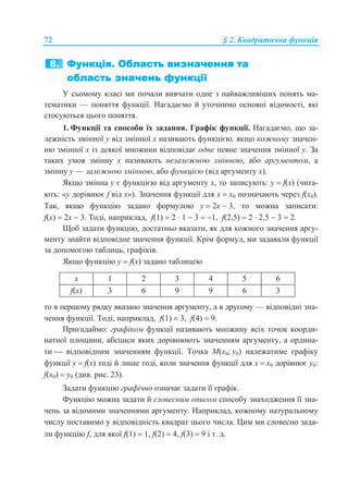 72 § 2. Квадратична функція
У сьомому класі ми почали вивчати одне з найважливіших понять ма-
тематики — поняття функції. Нагадаємо й уточнимо основні відомості, які
стосуються цього поняття.
1. Функції та способи їх задання. Графік функції. Нагадаємо, що за-
лежність змінної у від змінної х називають функцією, якщо кожному значен-
ню змінної х із деякої множини відповідає одне певне значення змінної у. За
таких умов змінну х називають незалежною змінною, або аргументом, а
змінну у — залежною змінною, або функцією (від аргументу х).
Якщо змінна у є функцією від аргументу х, то записують: у  f(x) (чита-
ють: «у дорівнює f від x»). Значення функції для х  х0 позначають через f(x0).
Так, якщо функцію задано формулою у  2х  3, то можна записати:
f(x)  2х  3. Тоді, наприклад, f(1)  2  1  3  1, f(2,5)  2  2,5  3  2.
Щоб задати функцію, достатньо вказати, як для кожного значення аргу-
менту знайти відповідне значення функції. Крім формул, ми задавали функції
за допомогою таблиць, графіків.
Якщо функцію у  f(x) задано таблицею
х 1 2 3 4 5 6
f(x) 3 6 9 9 6 3
то в першому рядку вказано значення аргументу, а в другому — відповідні зна-
чення функції. Тоді, наприклад, f(1)  3, f(4)  9.
Пригадаймо: графіком функції називають множину всіх точок коорди-
натної площини, абсциси яких дорівнюють значенням аргументу, а ордина-
ти  відповідним значенням функції. Точка М(x0; у0) належатиме графіку
функції у  f(x) тоді й лише тоді, коли значення функції для х  x0 дорівнює у0:
f(x0)  у0 (див. рис. 23).
Задати функцію графічно означає задати її графік.
Функцію можна задати й словесним описом способу знаходження її зна-
чень за відомими значеннями аргументу. Наприклад, кожному натуральному
числу поставимо у відповідність квадрат цього числа. Цим ми словесно зада-
ли функцію f, для якої f(1)  1, f(2)  4, f(3)  9 і т. д.
 