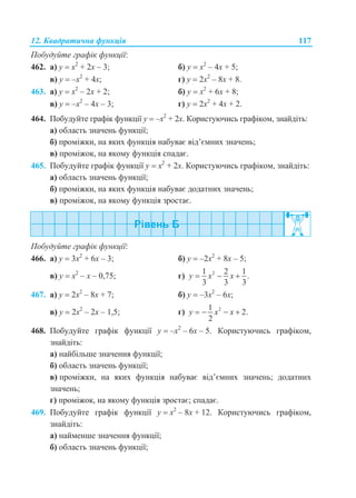 12. Квадратична функція 117
Побудуйте графік функції:
462. а) у  х2
+ 2х – 3; б) у  х2
– 4х + 5;
в) у  –х2
+ 4х; г) у  2х2
– 8х + 8.
463. а) у  х2
– 2х + 2; б) у  х2
+ 6х + 8;
в) у  –х2
– 4х – 3; г) у  2х2
+ 4х + 2.
464. Побудуйте графік функції у  –x2
+ 2x. Користуючись графіком, знайдіть:
а) область значень функції;
б) проміжки, на яких функція набуває від’ємних значень;
в) проміжок, на якому функція спадає.
465. Побудуйте графік функції у  x2
+ 2x. Користуючись графіком, знайдіть:
а) область значень функції;
б) проміжки, на яких функція набуває додатних значень;
в) проміжок, на якому функція зростає.
Побудуйте графік функції:
466. а) у  3х2
+ 6х – 3; б) у  –2х2
+ 8х – 5;
в) у  х2
– х – 0,75; г) 21 2 1
.
3 3 3
y x x  
467. а) у  2х2
– 8х + 7; б) у  –3х2
– 6х;
в) у  2х2
– 2х – 1,5; г) 21
2.
2
y x x   
468. Побудуйте графік функції у  –x2
– 6x – 5. Користуючись графіком,
знайдіть:
а) найбільше значення функції;
б) область значень функції;
в) проміжки, на яких функція набуває від’ємних значень; додатних
значень;
г) проміжок, на якому функція зростає; спадає.
469. Побудуйте графік функції у  x2
– 8x + 12. Користуючись графіком,
знайдіть:
а) найменше значення функції;
б) область значень функції;
 