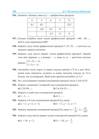 206 § 3. Числові послідовності
916. Заповніть таблицю, якщо (an) — арифметична прогресія.
a1 d an n Sn
0,1 0,2 22,5
–0,6 9,5 17
–2,5 11 0
917. Скільки потрібно взяти членів арифметичної прогресії –100; –80; …,
щоб їх сума дорівнювала 600?
918. Знайдіть суму членів арифметичної прогресії 7; 21; 35; ... з дев’ятого до
двадцять першого включно.
919. Знайдіть суму шести перших членів арифметичної прогресії, перший
член якої дорівнює х, а різниця — у, якщо (х; у) — розв’язок системи
рівнянь
2 5 6;
3 4.
x y
x y
  

  
920. Автомобіль після старту за першу секунду проїхав 1,75 м, а далі збіль-
шував свою швидкість, долаючи за кожну наступну секунду на 3,5 м
більше, ніж за попередню. Який шлях проїхав автомобіль за 5 с?
921. Чи є послідовними членами геометричної прогресії числа 2; 0,8; 0,32?
922. Знайдіть знаменник і четвертий член геометричної прогресії:
а) 5; 20; 80; ...; б) 1,6; 0,4; 0,1; ... .
923. Знайдіть п’ятий член геометричної прогресії:
а) 1; –3; …; б) 4; 1; … .
924. Знайдіть n-й член геометричної прогресії (bn), якщо:
а) b1 = 3; q = 4; n = 4; б) b1 = 5; q = –2; n = 7.
925. Знайдіть знаменник геометричної прогресії (bn), якщо 3
9
;
25
b  5
81
.
625
b 
926. Знайдіть суму шести перших членів геометричної прогресії (bn), якщо:
а) b1 = 10; q = 2; б) b1 = –24;
1
2
q   .
 