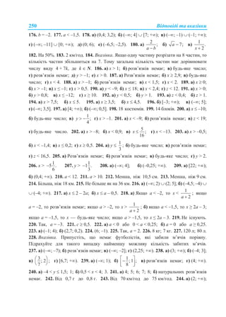 Відповіді та вказівки250
176. b = –2. 177. a < –1,5. 178. а) (0,4; 3,2); б) (–; 4]  [7; +); в) (–; –1)  (–1; +);
г) (–; –11]  [0; +); д) (0; 6); е) (–6,5; –2,5). 180. а)
2
;
a b
б) 7;a  в)
1
.
2x 
182. На 50%. 183. 2 км/год. 184. Вказівка. Якщо одну частину розрізати на 8 частин, то
кількість частин збільшиться на 7. Тому загальна кількість частин має дорівнювати
числу виду 4 + 7k, де k  N. 186. а) x > 1; б) розв’язків немає; в) будь-яке число;
г) розв’язків немає; д) у > –1; е) x > 0. 187. а) Розв’язків немає; б) x  2,9; в) будь-яке
число; г) x < 4. 188. а) x > –1; б) розв’язків немає; в) x < 1,5; г) x < 2. 189. а) x  0;
б) x > –1; в) х ≤ –1; г) x > 0,5. 190. а) y < –9; б) x ≤ 18; в) х < 2,4; г) z < 12. 191. а) x > 0;
б) y > 0,8; в) х ≤ –12; г) x ≥ 10. 192. а) y < 0,5; б) y > 1. 193. а) z < 0,4; б) z > 1.
194. а) x > 7,5; б) x  5. 195. а) x ≥ 3,5; б) x  4,5. 196. б) [–3; +); в) (–; 5];
г) (–; 3,5]. 197. а) [4; +); б) (–; 0,5]. 198. 18 костюмів. 199. 14 блоків. 200. а) x  –10;
б) будь-яке число; в)
1
;
4
y   г) x > –1. 201. а) x < –9; б) розв’язків немає; в) z < 19;
г) будь-яке число. 202. а) x > –8; б) х < 0,9; в)
5
;
16
x  г) x < –13. 203. а) x > –0,5;
б) х < –1,4; в) х ≤ 0,2; г) x  0,5. 204. а) у 
1
3
; б) будь-яке число; в) розв’язків немає;
г) z < 16,5. 205. а) Розв’язків немає; б) розв’язків немає; в) будь-яке число; г) y > 2.
206. x >
1
5 .
6
 207. у >
1
1 .
3
 208. а) (–; 4]; б) (–0,25; +). 209. а) [22; +);
б) (0,4; +). 210. a < 12. 211. a > 10. 212. Менша, ніж 10,5 см. 213. Менша, ніж 9 см.
214. Більша, ніж 18 км. 215. Не більше як на 36 км. 216. а) (–; 2)  (2; 5]; б) (–4,5; –4) 
 (–4; +). 217. а) x  2 – 2a; б) x  a – 0,5. 218. а) Якщо a < –2, то x <
1
2a 
; якщо
a = –2, то розв’язків немає; якщо a > –2, то x >
1
2a 
; б) якщо a < –1,5, то x ≥ 2a – 3;
якщо a = –1,5, то x — будь-яке число; якщо a > –1,5, то x ≤ 2a – 3. 219. Не існують.
220. Так, a = –3. 221. с  0,5. 222. а) a < 0 або 0 < а < 0,25; б) a = 0 або а ≥ 0,25.
223. а) (–1; 4); б) (2,7; 0,2). 224. (6; –1). 225. Так, а = 2. 226. 8 кг; 7 кг. 227. 120 л; 80 л.
228. Вказівка. Припустіть, що немає футболістів, які забили м’ячів порівну.
Підрахуйте для такого випадку найменшу можливу кількість забитих м’ячів.
237. а) (–; –7); б) розв’язків немає; в) (–; –2]; г) (2,25; +). 238. а) (3; +); б) (–4; 3];
в)
3
; 2 ;
7
 
 
г) [6,7; +). 239. а) (–; 1); б)
1
; 1 ;
8
   
в) розв’язків немає; г) (4; +).
240. а) –4 < y  1,5; 1; б) 0,5 < х < 4; 3. 241. а) 4; 5; 6; 7; 8; б) натуральних розв’язків
немає. 242. Від 0,7 г до 0,8 г. 243. Від 70 км/год до 75 км/год. 244. а) (2; +);
 