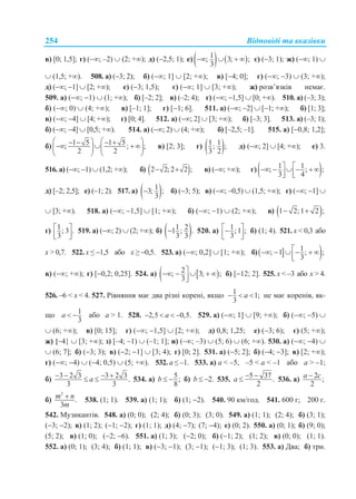 Відповіді та вказівки254
в) [0; 1,5]; г) (; –2)  (2; +); д) (2,5; 1); е)    1; 3; ;
3
    є) (3; 1); ж) (; 1) 
 (1,5; +). 508. а) (3; 2); б) (; 1]  [2; +); в) [4; 0]; г) (; 3)  (3; +);
д) (; 1]  [2; +); е) (3; 1,5); є) (; 1]  [3; +); ж) розв’язків немає.
509. а) (; 1)  (1; +); б) [–2; 2]; в) (–2; 4); г) (; 1,5]  [0; +). 510. а) (–3; 3);
б) (; 0)  (4; +); в) [–1; 1]; г) [1; 6]. 511. а) (; 2]  [1; +); б) [1; 3];
в) (; 4]  [4; +); г) [0; 4]. 512. а) (; 2]  [3; +); б) [–3; 3]. 513. а) (–3; 1);
б) (; 4]  [0,5; +). 514. а) (; 2)  (4; +); б) [–2,5; –1]. 515. а) [0,8; 1,2];
б)
1 5 1 5; ; ;
2 2
           
   
в) [2; 3]; г)  1 1; ;
3 2
д) (; 2]  [4; +); е) 3.
516. а) (; 1)  (1,2; +); б)  2 2; 2 2 ;  в) (; +); г)  1 1; ; ;
3 4
     
  
д) [–2; 2,5]; е) (–1; 2). 517. а)  13; ;
3
 б) (3; 5); в) (; –0,5)  (1,5; +); г) (; 1] 
 [3; +). 518. а) (; 1,5]  [1; +); б) (; 1)  (2; +); в)  1 2;1 2 ; 
г) 1; 3 .
3
 
  
519. а) (; 2)  (2; +); б)  1 21 ; .
3 3
 520. а) 1;1 ;
3
 
  
б) (1; 4). 521. х < 0,3 або
x > 0,7. 522. х ≤ 1,5 або х ≥ 0,5. 523. а) (; 0,2]  [1; +); б)  1; 1 ; ;
3
     

в) (; +); г) [0,2; 0,25]. 524. а)   2; 3; ;
3
    

б) [12; 2]. 525. х < –3 або x > 4.
526. –6 < х < 4. 527. Рівняння має два різні корені, якщо 1 1;
3
a   не має коренів, як-
що 1
3
a   або а > 1. 528. 2,5 0,5.a    529. а) (; 1]  [9; +); б) (; 5) 
 (6; +); в) [0; 15]; г) (; 1,5]  [2; +); д) 0,8; 1,25; е) (3; 6); є) (5; +);
ж) {–4}  [3; +); з) [–4; –1)  (–1; 1]; и) (–; –3)  (5; 6)  (6; +). 530. а) (; 4) 
 (6; 7]; б) (3; 3); в) (2; 1]  [3; 4); г) [0; 2]. 531. а) (5; 2]; б) (4; 3]; в) [2; +);
г) (; 4)  (4; 0,5)  (5; +). 532. а ≤ –1. 533. а) а < –5, –5 < а < –1 або а > –1;
б) 3 2 3 3 2 3.
3 3
a     534. а) 5;
8
b   б) 2.b   535. 5 37 .
2
a   536. а) 2 ;
2
a c
б)
2
.
3
m n
m
 538. (1; 1). 539. а) (1; 1); б) (1; 2). 540. 90 км/год. 541. 600 г; 200 г.
542. Музикантів. 548. а) (0; 0); (2; 4); б) (0; 3); (3; 0). 549. а) (1; 1); (2; 4); б) (3; 1);
(3; 2); в) (1; 2); (1; 2); г) (1; 1); д) (4; 7); (7; 4); е) (0; 2). 550. а) (0; 1); б) (9; 0);
(5; 2); в) (1; 0); (2; 6). 551. а) (1; 3); (2; 0); б) (1; 2); (1; 2); в) (0; 0); (1; 1).
552. а) (0; 1); (3; 4); б) (1; 1); в) (3; 1); (3; 1); (1; 3); (1; 3). 553. а) Два; б) три.
 