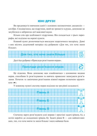 ЮНІ ДРУЗІ!
Ви продовжуєте вивчення однієї з основних математичних дисциплін —
алгебри. Сподіваємося, що підручник, який ви тримаєте в руках, допоможе не
загубитися в лабіринтах цієї важливої науки.
Кілька слів про особливості підручника. Він складається з трьох параг-
рафів, які поділено на окремі пункти.
Кожний пункт розпочинається викладом теоретичного матеріалу. Деякі
з них містять додатковий матеріал під рубрикою «Для тих, хто хоче знати
більше».
Далі йде рубрика «Приклади розв’язання вправ».
Це підказка. Вона допоможе вам ознайомитися з основними видами
вправ, способами їх розв’язування та навчить правильно записувати розв’я-
зання. Початок та закінчення розв’язання кожної вправи позначено кружеч-
ком «●».
У кожному пункті систему вправ поділено на три рівні складності.
Спочатку варто розв’язувати усні вправи і простіші задачі (рівень А), а
потім перейти до складніших (рівень Б). Задачі рівня В — для найкмітливі-
ших, тих, хто хоче вміти та знати більше і мати найвищі бали.
 