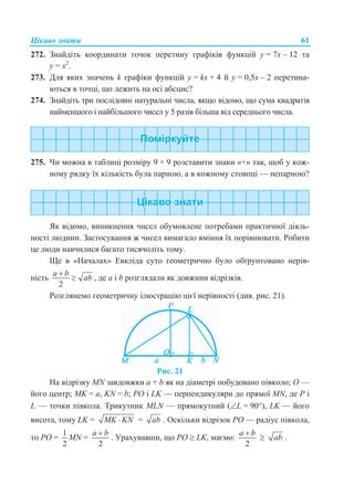 Цікаво знати 61
272. Знайдіть координати точок перетину графіків функцій y = 7x – 12 та
y = x2
.
273. Для яких значень k графіки функцій y = kx + 4 й y = 0,5x – 2 перетина-
ються в точці, що лежить на осі абсцис?
274. Знайдіть три послідовні натуральні числа, якщо відомо, що сума квадратів
найменшого і найбільшого чисел у 5 разів більша від середнього числа.
275. Чи можна в таблиці розміру 9 × 9 розставити знаки «+» так, щоб у кож-
ному рядку їх кількість була парною, а в кожному стовпці — непарною?
Як відомо, виникнення чисел обумовлене потребами практичної діяль-
ності людини. Застосування ж чисел вимагало вміння їх порівнювати. Робити
це люди навчилися багато тисячоліть тому.
Ще в «Началах» Евкліда суто геометрично було обґрунтовано нерів-
ність
2
a b
ab

 , де a і b розглядали як довжини відрізків.
Розглянемо геометричну ілюстрацію цієї нерівності (див. рис. 21).
Рис. 21
На відрізку MN завдовжки a + b як на діаметрі побудовано півколо; О —
його центр; MK = a, KN = b; PO і LK — перпендикуляри до прямої MN, де P і
L — точки півкола. Трикутник MLN — прямокутний (L = 90°), LK — його
висота, тому LK = MK KN = ab . Оскільки відрізок PO — радіус півкола,
то PO =
1
2
MN =
2
a b
. Урахувавши, що PO  LK, маємо:
2
a b
 ab .
 