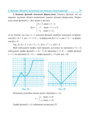 8. Функція. Область визначення та область значень функції 75
3. Задання функції кількома формулами. Існують функції, які на
окремих частинах області визначення задають різними формулами. Напри-
клад, якщо функцію у  f(x) задано у вигляді
f(x)  2
2 3, якщо 1;
, якщо 1 2;
4, якщо 2,
x х
x х
х
  

  
 
то це означає, що для х  1 значення функції потрібно знаходити за форму-
лою f(x)  2х + 3, для 1 < х  2 — за формулою f(x)  х2
, а для х > 2 — за форму-
лою f(x)  4.
Так, f(2)  2  (2) + 3  1; f(1)  12
 1; f(5)  4.
Щоб побудувати графік такої функції, достатньо на проміжку (; 1]
побудувати графік функції у  2x + 3, на проміжку (1; 2] — графік функції
у  х2
і на проміжку (2; +) — графік функції у  4 (див. рис. 24).
Рис. 24 Рис. 25
Описаним способом можна задати і функцію у  x:
у 
, якщо 0;
, якщо 0.
x х
x х


 
Графік функції у  x зображено на рисунку 25.
 