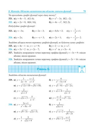 8. Функція. Область визначення та область значень функції 79
Чи проходить графік функції через дану точку?
321. а) у  4x  5; A(3; 6); б) у  x2
 3х; B(2; 2).
322. а) у  2x + 8; М(4; 16); б) у  4x  х2
; N(2; 2).
Побудуйте графік функції:
323. а) у  3х; б) у  2x  3; в) у  0,5х + 2; г) y 
1
1.
3
x 
324. а) у  2х; б) у  x + 3; в) y  2х + 1; г) у =
1
2
 х  2.
Знайдіть абсциси точок перетину графіків функцій, не будуючи самих графіків:
325. а) y  4х  1 та у  x + 9; б) y  2  x та у  х2
.
326. а) y  5х + 2 та у  2x – 7; б) y  х2
та у  5x  4.
327. Знайдіть координати точки перетину графіка функції у  3x + 9 з віссю
абсцис; віссю ординат.
328. Знайдіть координати точки перетину графіка функції у  2x + 16 з віссю
абсцис; віссю ординат.
Знайдіть область визначення функції:
329. а)
1 2
;
2 4 3
x
y
x x

 
 
б) 2
4
;
5 6
y
x x

 
в) 2 10 5 10;y x x     г) 1 4 2 2 ;y x x   
д)
2
;
3
y
x


е)
1
4 ;
1
y x
x
  

є)
5
2 3 ;
1
y x
x
  

ж)
2
7 2 .
4
x
y x
x

  

330. а) 2
2 1
;
8 9
x
y
x x


 
б)
1
;
5 1
y
x


в) 9 3 2 5;y x x    г)
1
2 ;
6 2
y x
x
   

д)
1 5
;
2 4
y
x x
 

е)
1
4 2 .
2
x
y x
x

  

 